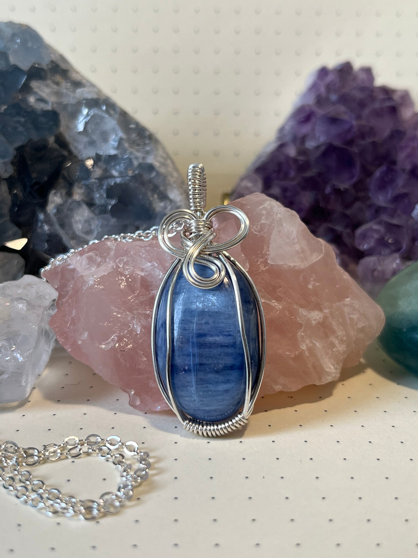 Blue Kyanite Necklace, Wire Wrapped Crystal Pendant with Chain, Meditation ~ Intuition ~ Calming