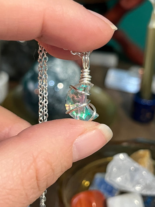 Aura Quartz Crescent Moon Necklace, Wire wrapped Crystal with Pendant, Joy ~ Happiness ~ Healing
