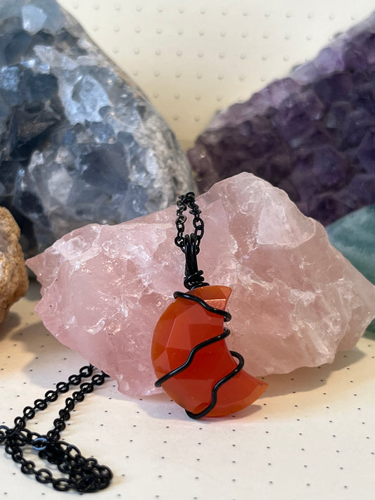 Red Onyx Moon Necklace | Wire Wrapped Crystal Healing Pendant with Chain | Protection ~ Release ~ Prosperity