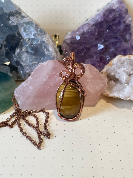 Tiger's Eye Neckace, Wire Wrapped Crystal Pendant with Chain, Concentration ~ Creativity ~ Prosperity