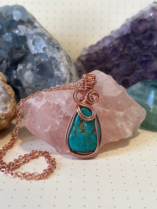 Turquoise Necklace | Wire Wrapped Crystal Healing Pendant with Chain | Good Luck ~ Ambition ~ Peace