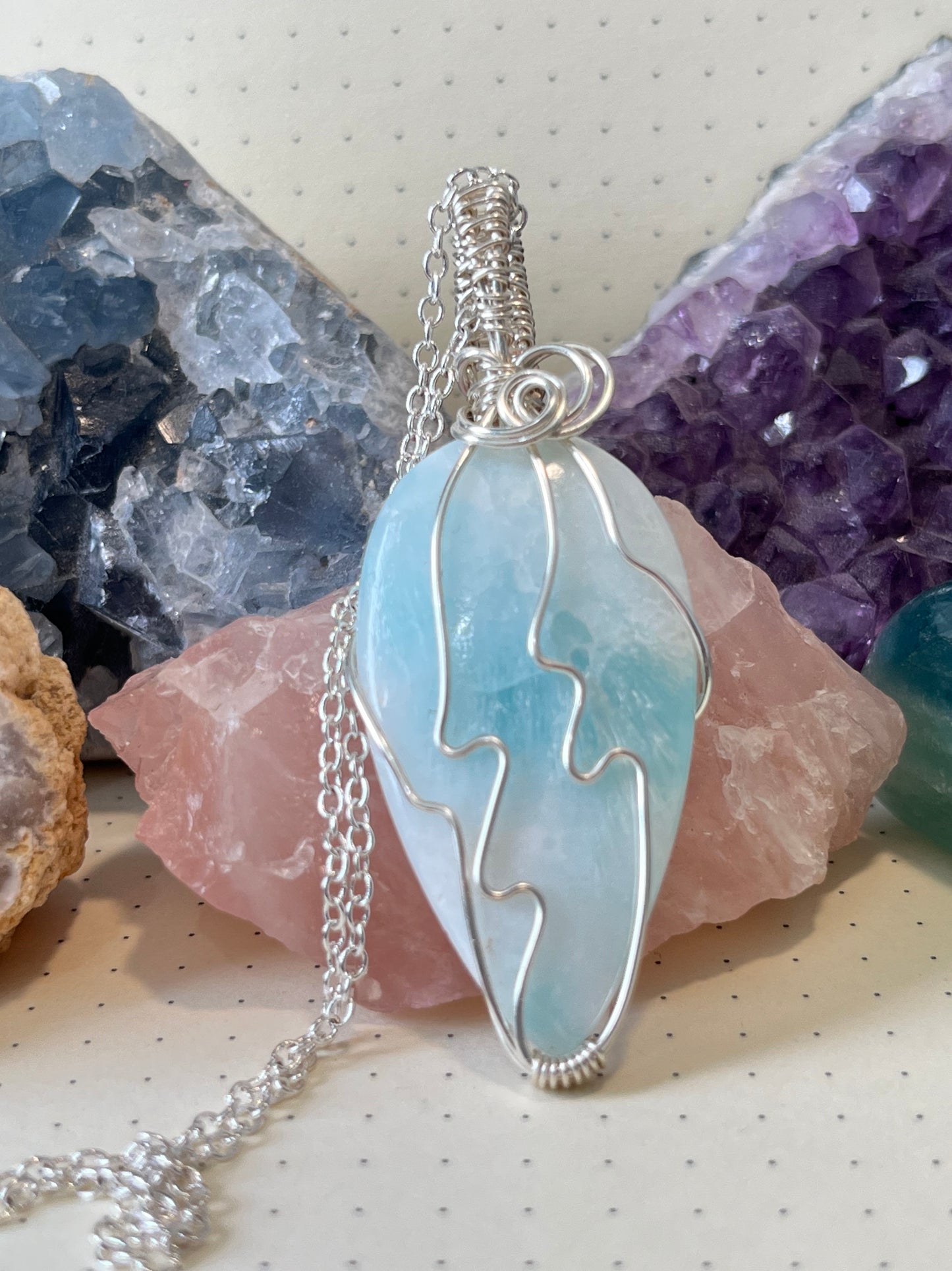 Blue Argonite Necklace | Wire Wrapped Crystal Healing Pendant with Chain |Tranquility ~ Emotional Healing ~ Expression