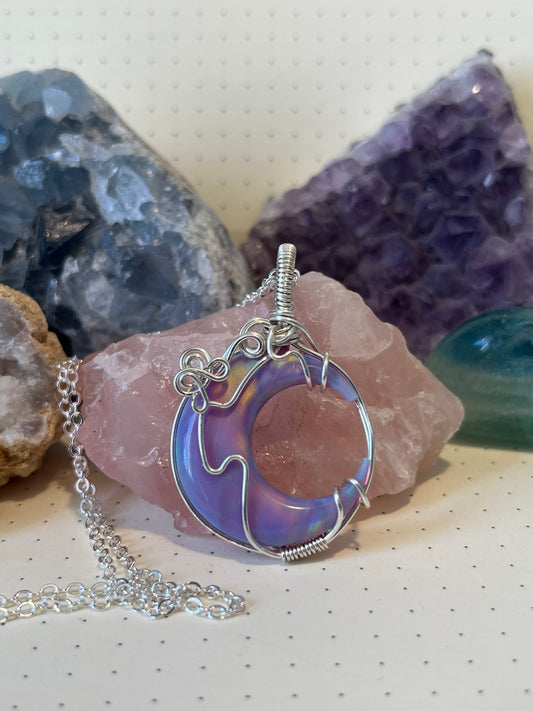 Aurora Opal Moon Necklace | Wire Wrapped Crystal Healing Pendant with Chain | Uplifting ~ Creativity ~ Discovery