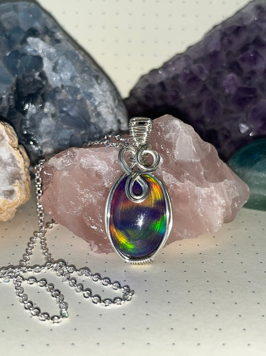 Aurora Opal Necklace | Wire Wrapped Crystal Healing Pendant with Chain | Uplifting ~ Creativity ~ Discovery