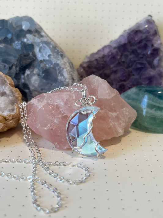 Aura Quartz Moon Necklace | Wire Wrapped Crystal Healing Pendant with Chain |  Joy ~ Happiness ~ Healing