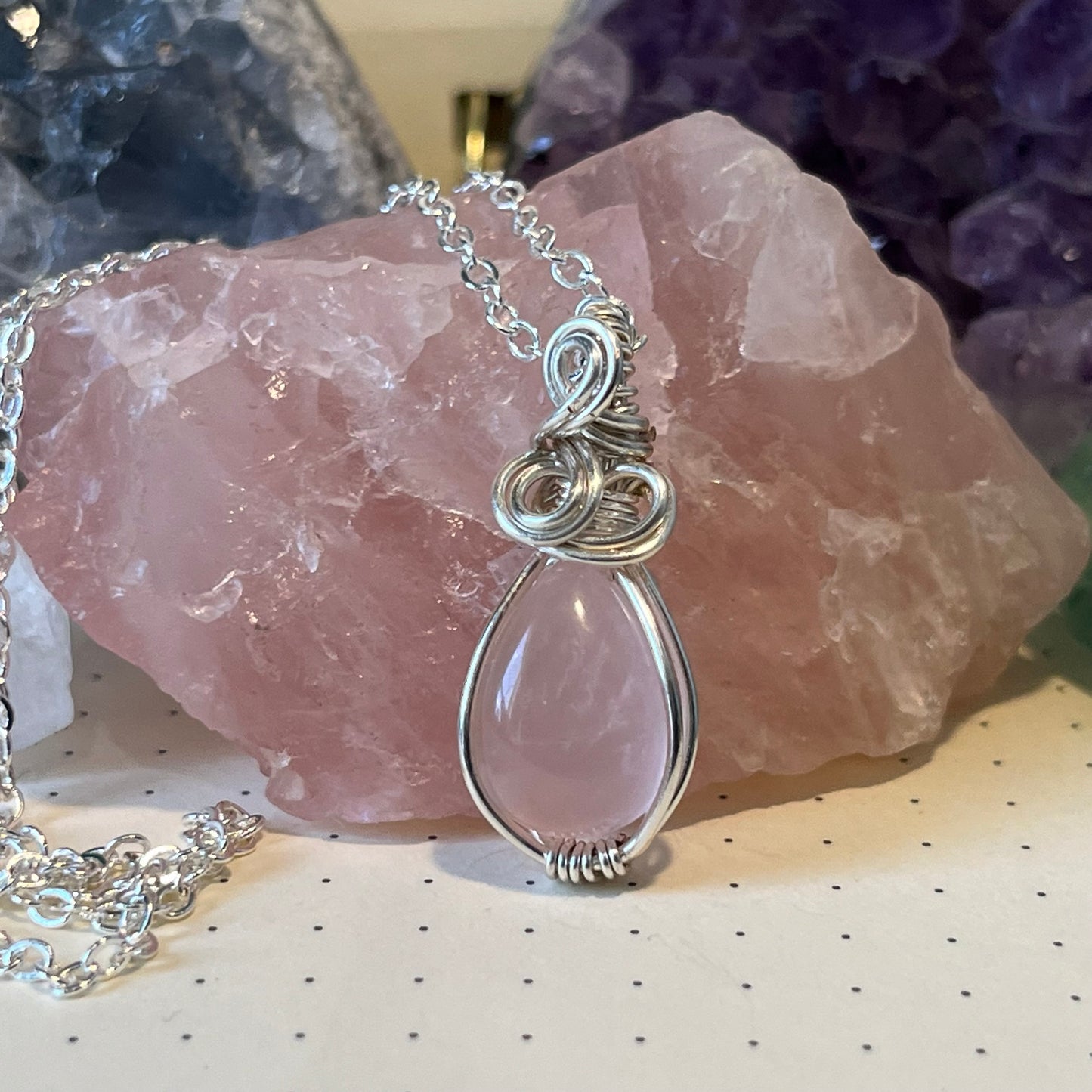 Rose Quartz Necklace, Wire Wrapped Crystal Pendant with Chain, Happiness ~ Passion ~ Unconditional Love