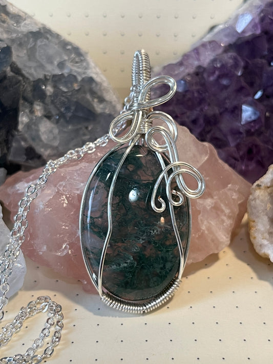 Green Moss Agate Necklace, Wire Wrapped Crystal Pendant with Chain, Grounding - Connecting with Nature - Peace