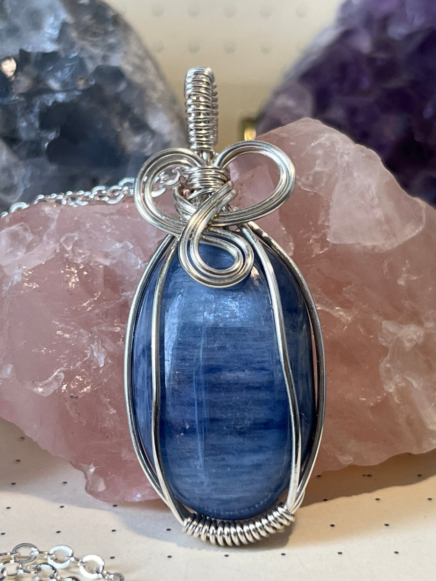 Blue Kyanite Necklace, Wire Wrapped Crystal Pendant with Chain, Meditation ~ Intuition ~ Calming