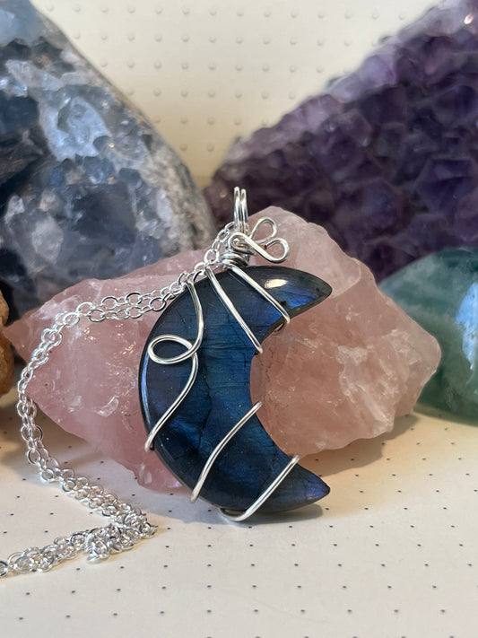 Labradorite Moon Necklace | Wire Wrapped Crystal Healing Pendant with Chain | Higher Awareness ~ Shielding ~ Creativity