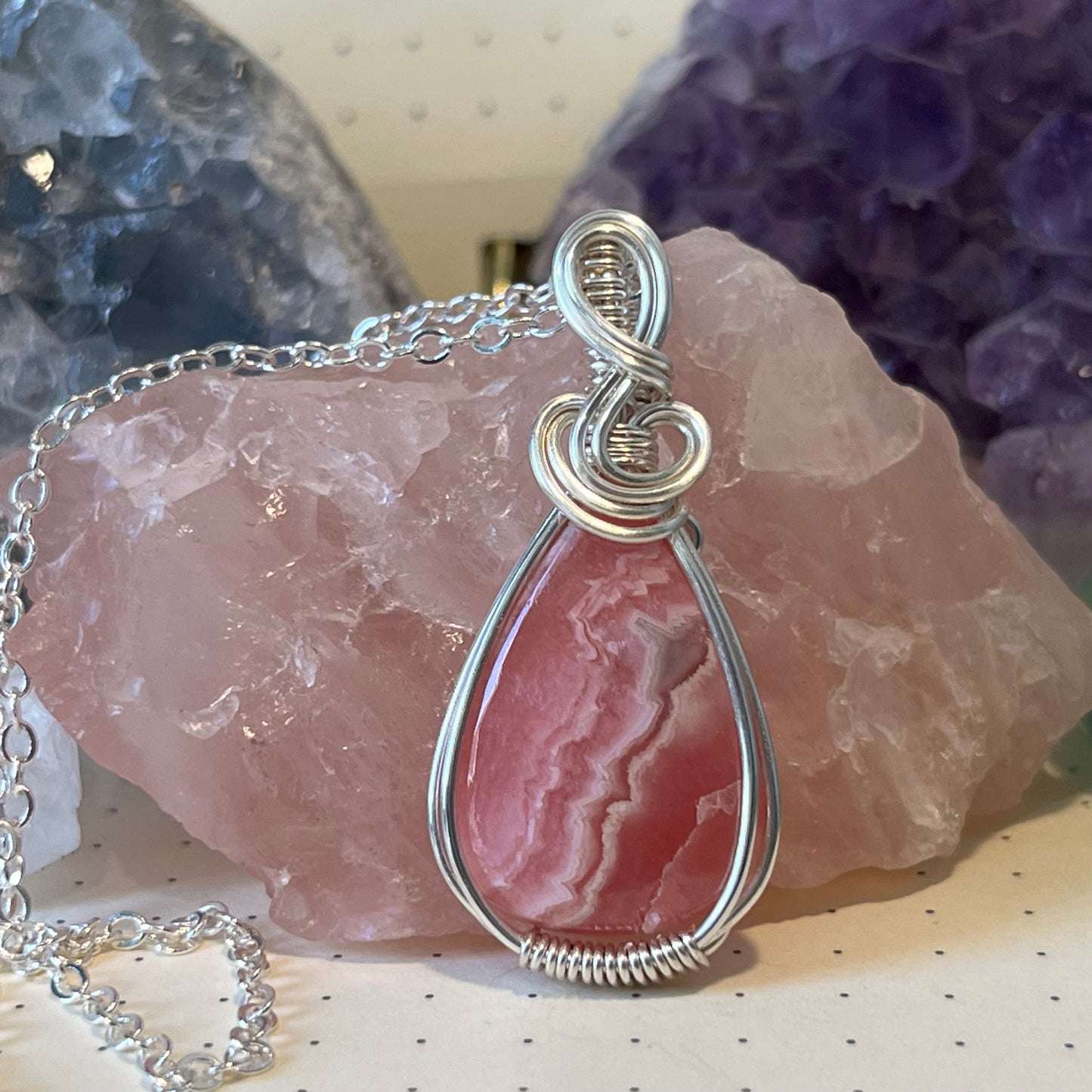 Rhodocrosite Necklace, Wire Wrapped Crystal Pendant with Chain,  Healing Trauma ~ Worthiness ~ Self-Love & Compassion