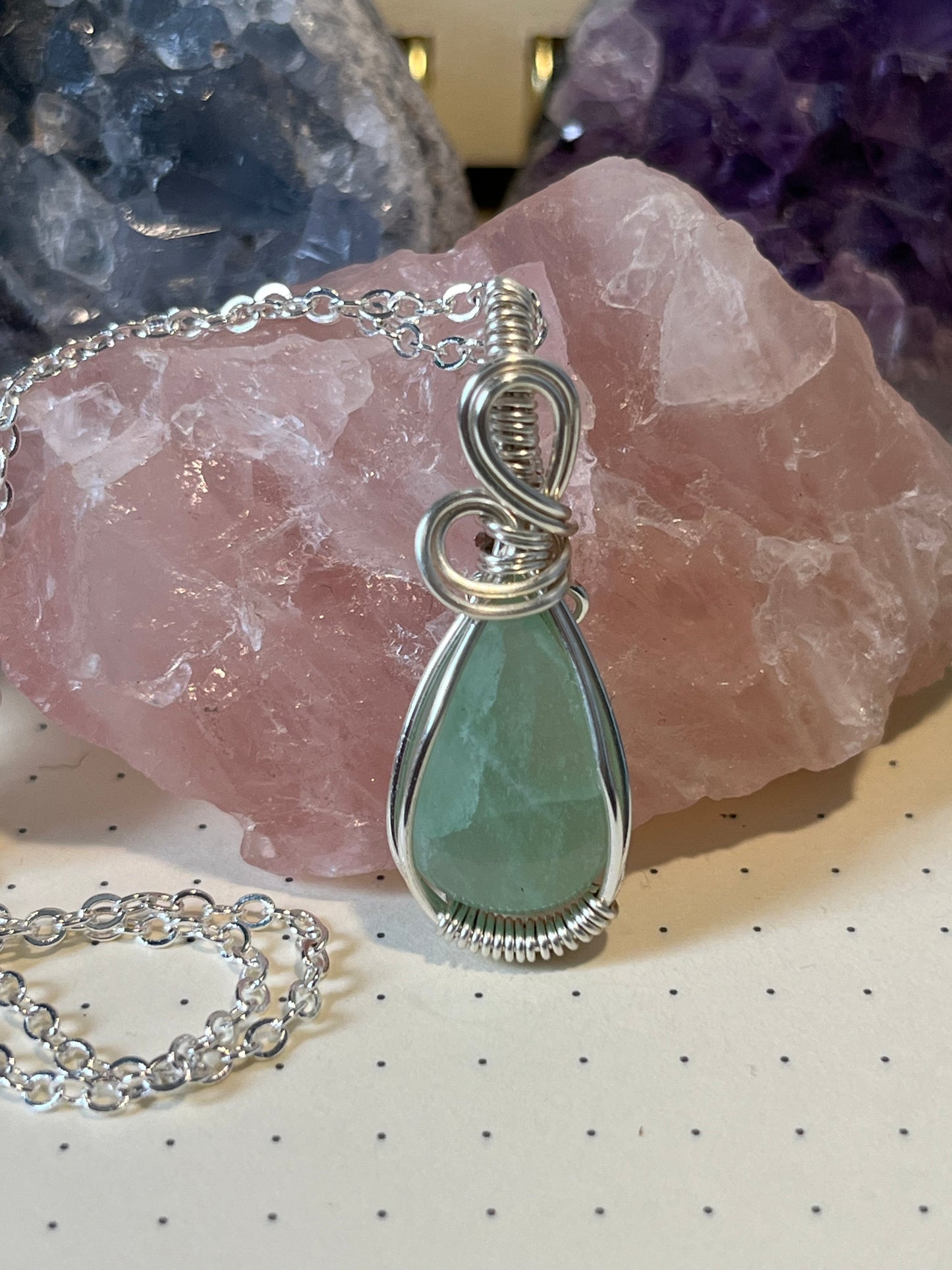 Green Moonstone Necklace, Wire Wrapped Crystal Pendant with Chain, Divinity ~ Emotional Healing ~ Balance