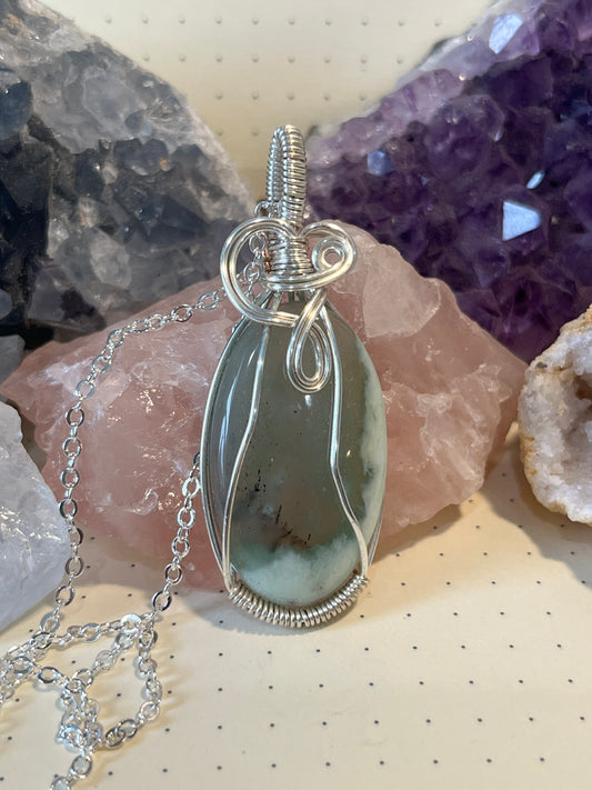 Jade Necklace, Wire Wrapped Crystal Pendant with Chain, Protection ~ Serenity ~ Abundance