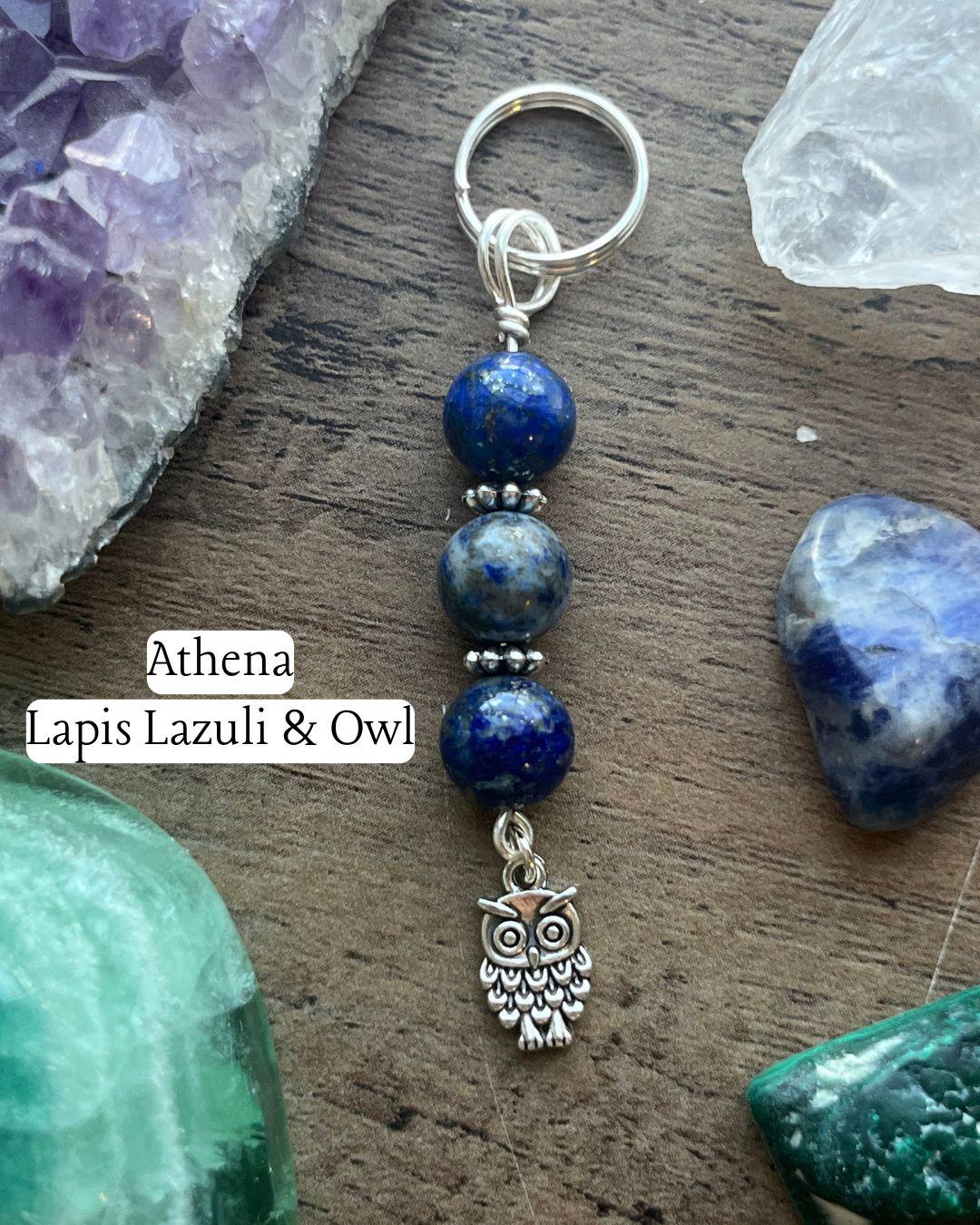 Athena Devotional Keychain • Crystal Charm Keyring • Goddess Talisman • Witchy Gift • Spiritual Altar Accessory • Lapis Lazuli & Owl Symbol