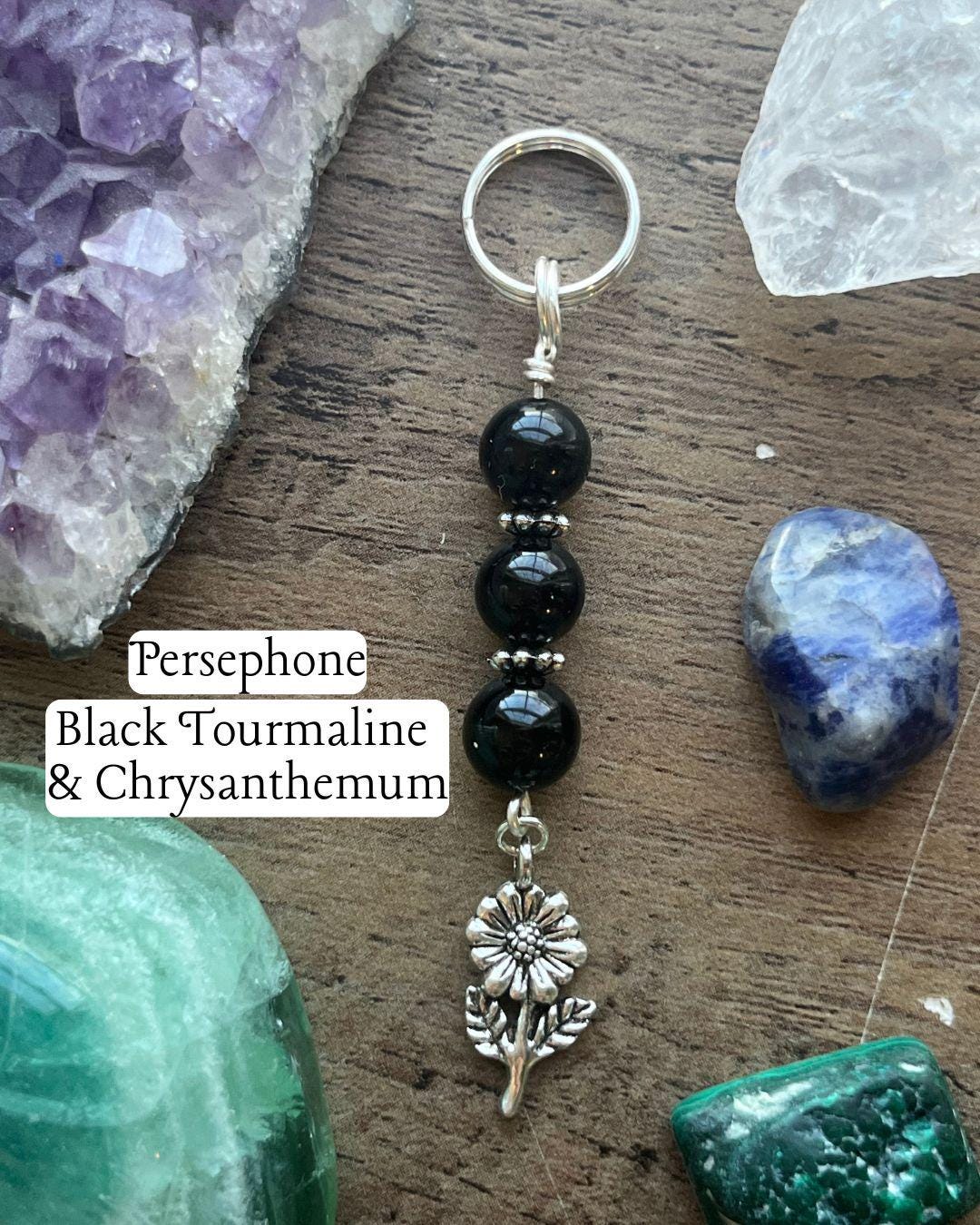 Persephone Devotional Keychain • Crystal Charm • Goddess Talisman • Witchy Gift • Spiritual Altar Accessory • Tourmaline & Chrysanthemum