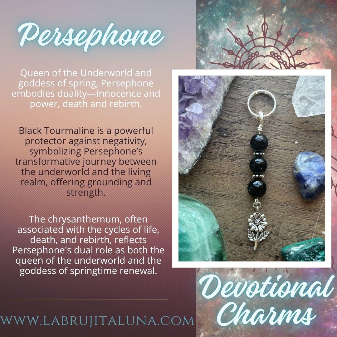 Persephone Devotional Keychain • Crystal Charm • Goddess Talisman • Witchy Gift • Spiritual Altar Accessory • Tourmaline & Chrysanthemum