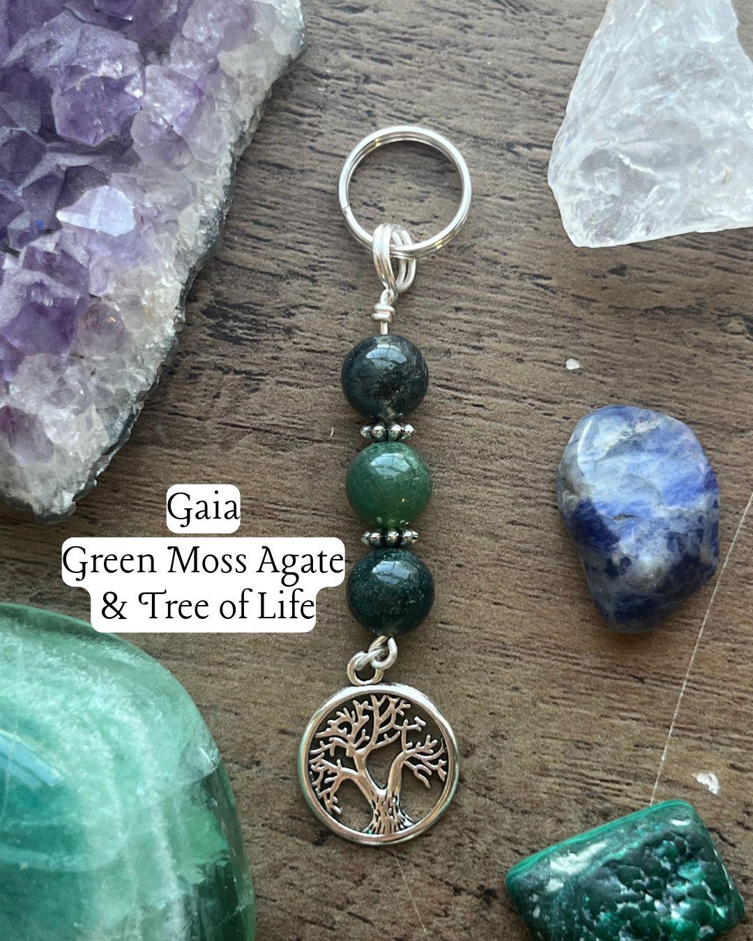 Gaia Devotional Keychain • Crystal Charm Keyring • Goddess Talisman • Witchy Gift • Spiritual Altar Accessory • Moss Agate & Tree of Life
