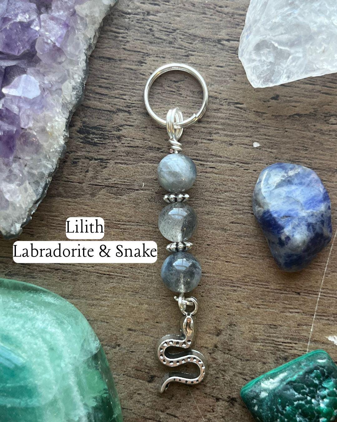 Lilith Devotional Keychain • Crystal Charm Keyring • Goddess Talisman • Witchy Gift • Spiritual Altar Accessory • Labradorite & Snake Symbol