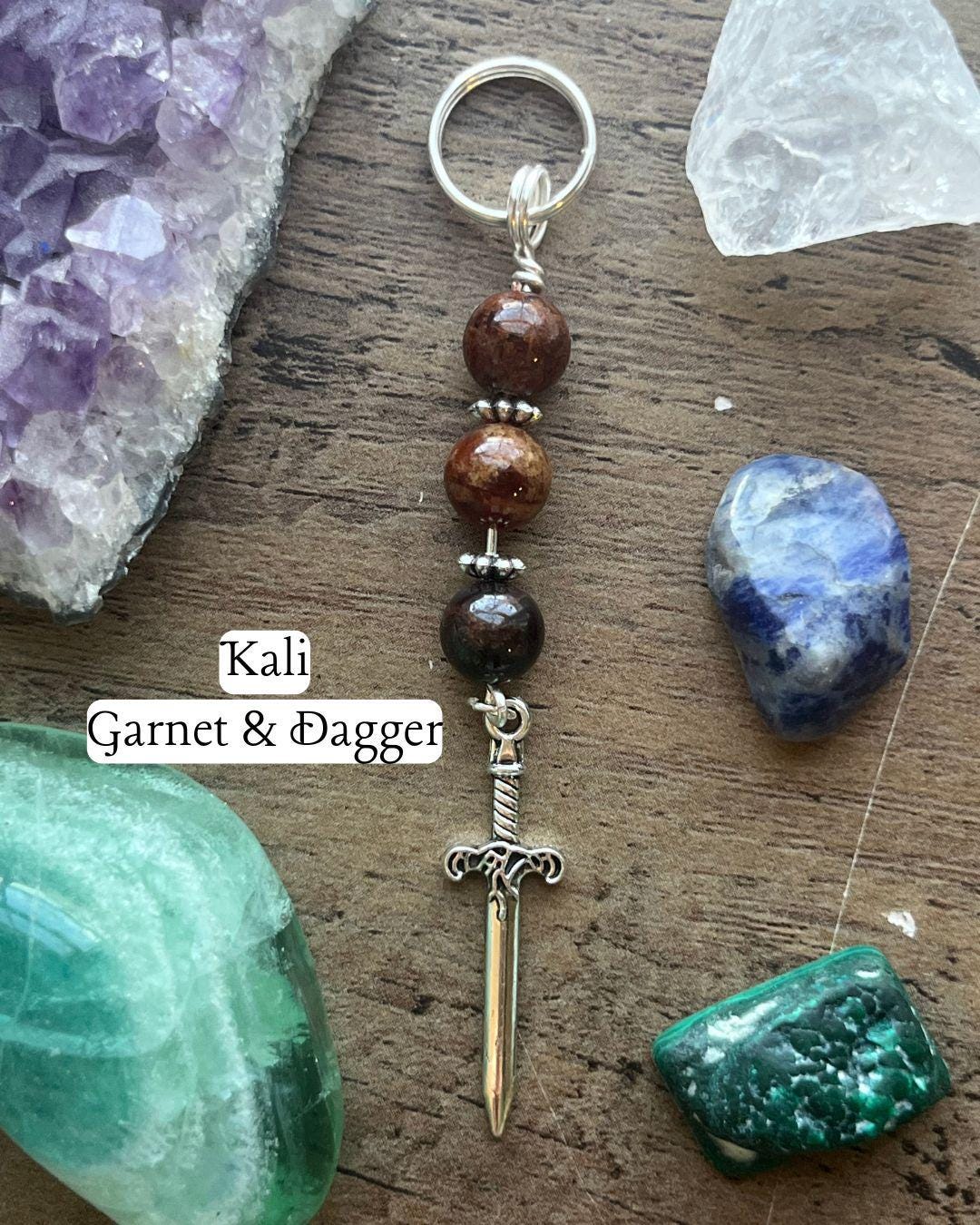 Kali Devotional Keychain • Crystal Charm Keyring • Goddess Talisman • Witchy Gift • Spiritual Altar Accessory • Garnet & Sword Symbol