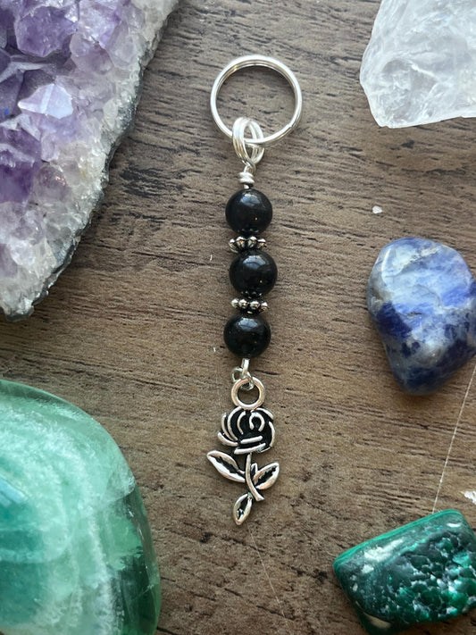 Santa Muerte Devotional Keychain • Crystal Charm Keyring • Goddess Talisman • Witchy Gift • Spiritual Altar Accessory • Jet & Black Rose