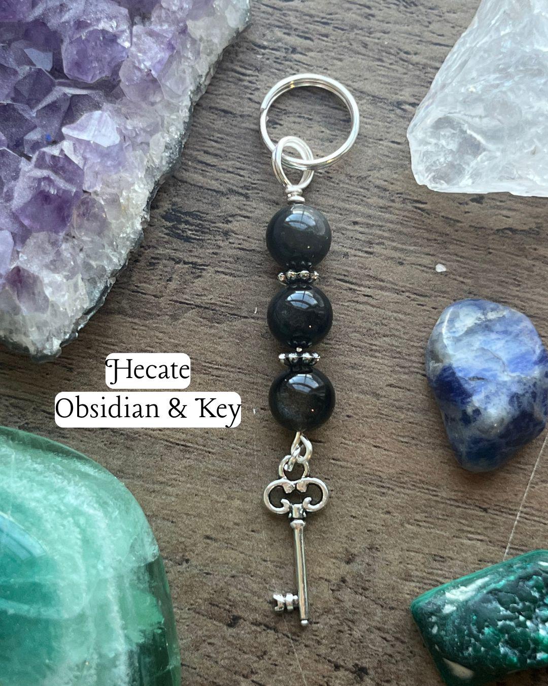 Hecate Devotional Keychain • Crystal Charm Keyring • Goddess Talisman • Witchy Gift • Spiritual Altar Accessory • Obsidian & Key Symbol