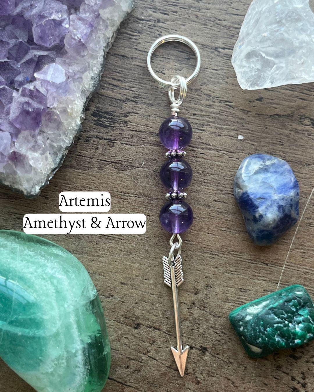 Artemis Devotional Keychain • Crystal Charm Keyring • Goddess Talisman • Witchy Gift • Spiritual Altar Accessory • Amethyst & Arrow Symbol