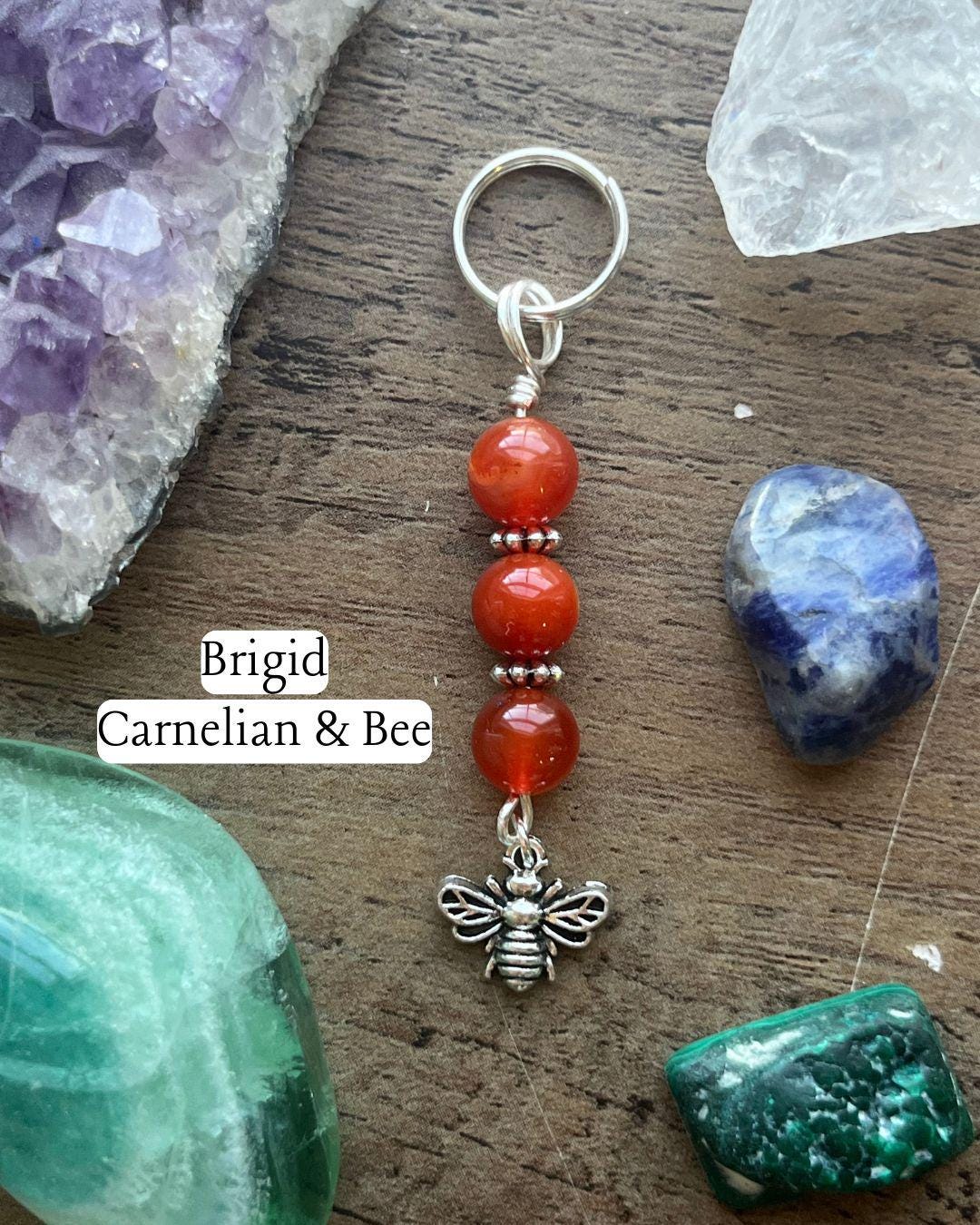Brigid Devotional Keychain • Crystal Charm Keyring • Goddess Talisman • Witchy Gift • Spiritual Altar Accessory • Carnelian & Bee Symbol