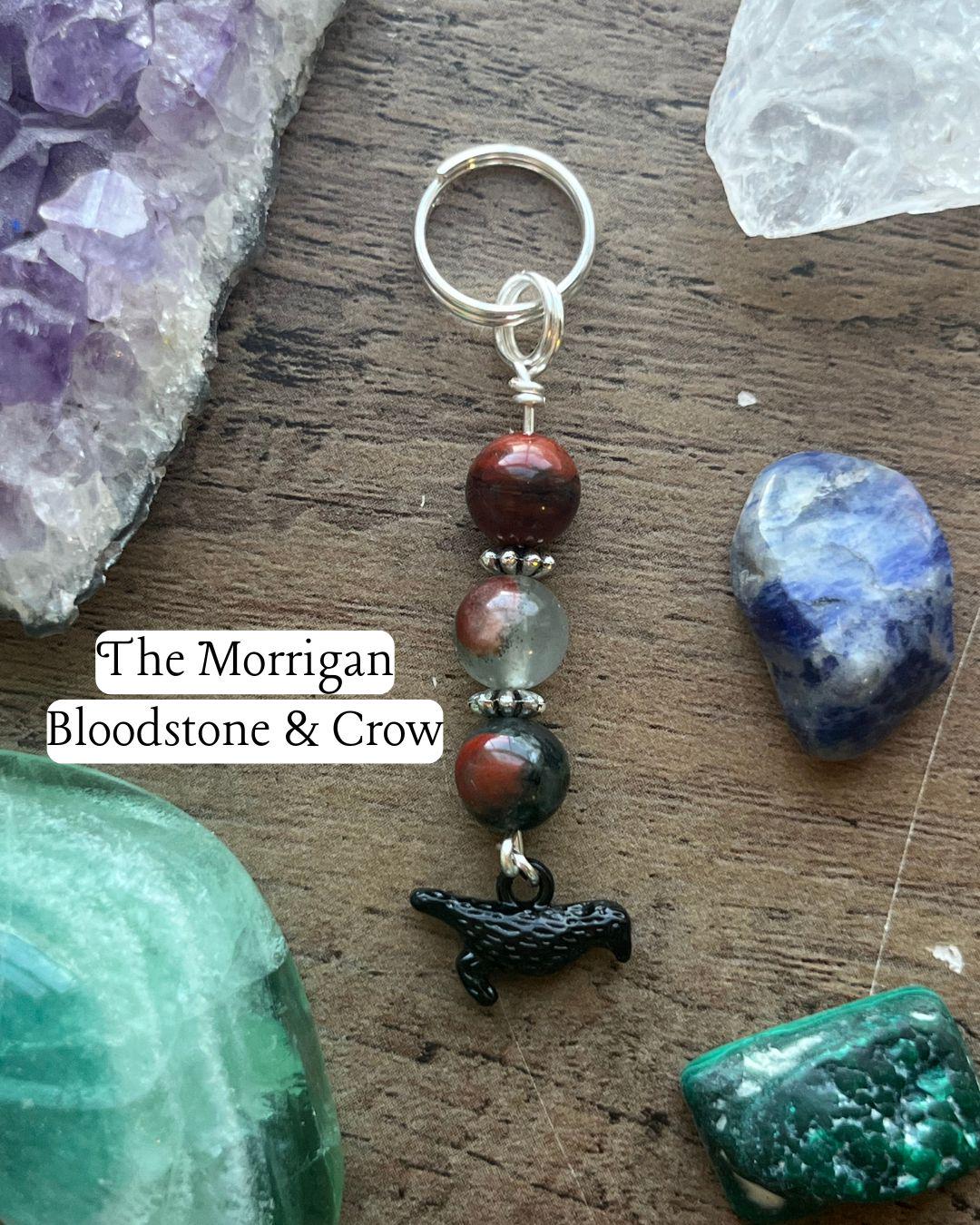 The Morrigan Devotional Keychain • Crystal Charm • Goddess Talisman • Witchy Gift • Spiritual Altar Accessory • Bloodstone & Crow Symbol