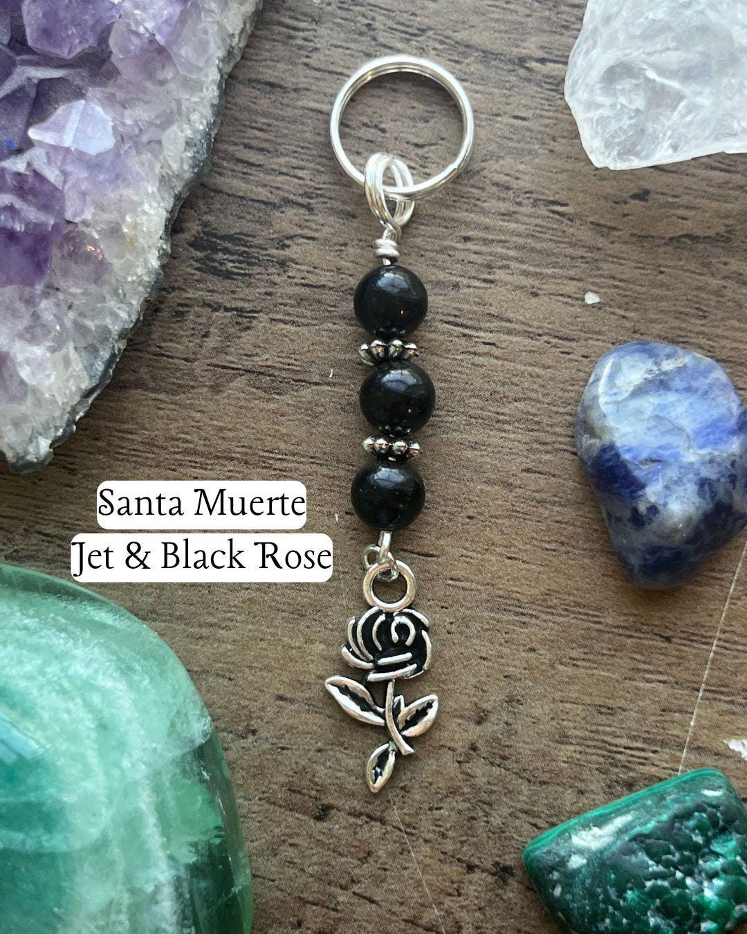 Santa Muerte Devotional Keychain • Crystal Charm Keyring • Goddess Talisman • Witchy Gift • Spiritual Altar Accessory • Jet & Black Rose