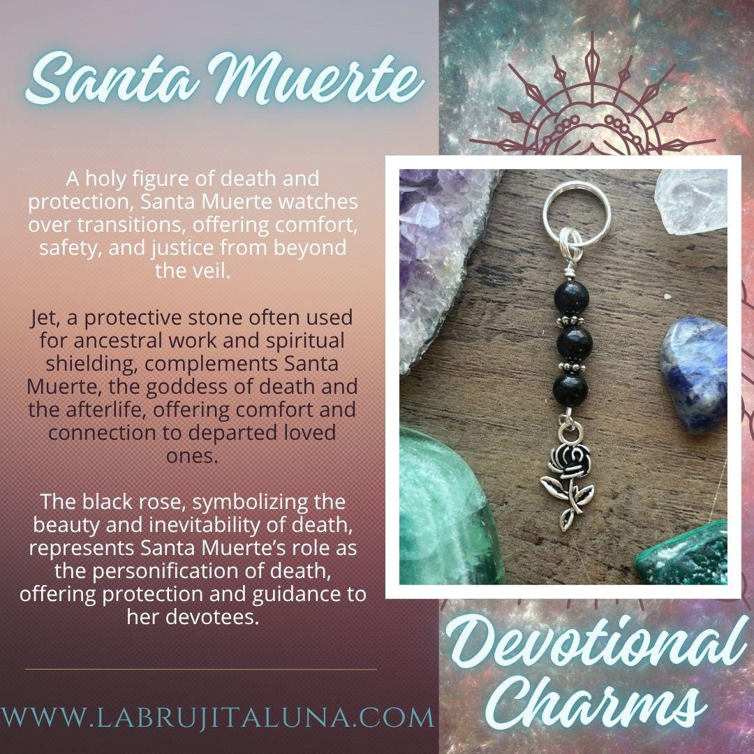 Santa Muerte Devotional Keychain • Crystal Charm Keyring • Goddess Talisman • Witchy Gift • Spiritual Altar Accessory • Jet & Black Rose
