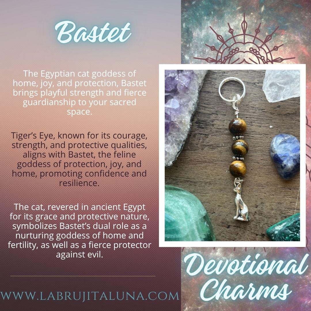 Bastet Devotional Keychain • Crystal Charm Keyring • Goddess Talisman • Witchy Gift • Spiritual Altar Accessory • Tiger&#39;s Eye & Egyptian Cat