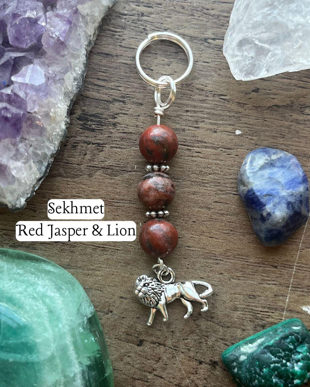 Sekhmet Devotional Keychain • Crystal Charm Keyring • Goddess Talisman • Witchy Gift • Spiritual Altar Accessory • Red Jasper & Lion Symbol
