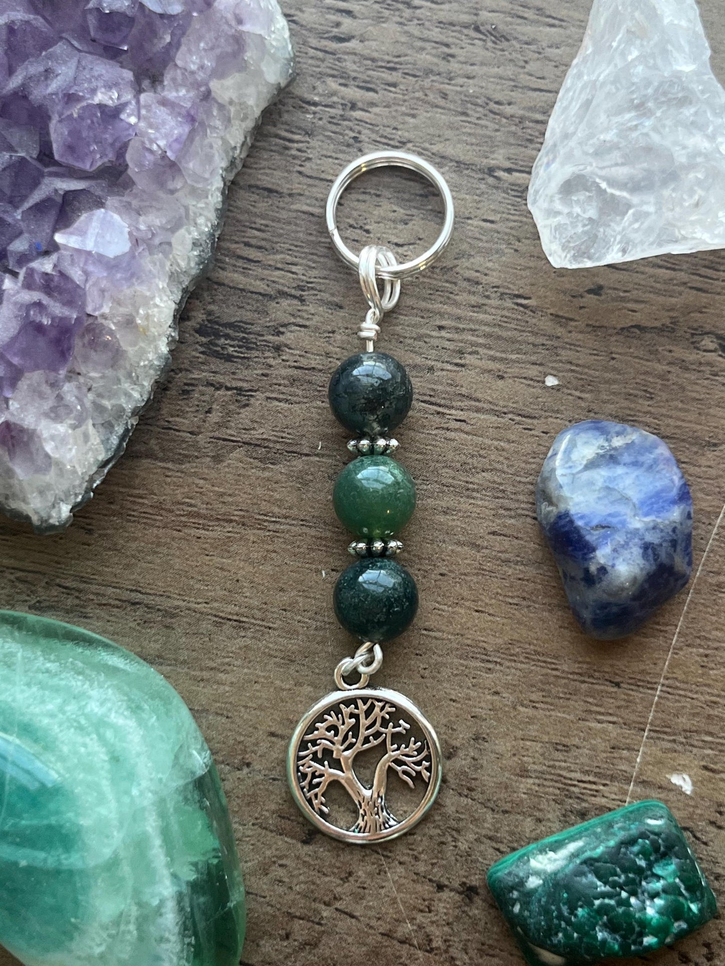 Gaia Devotional Keychain • Crystal Charm Keyring • Goddess Talisman • Witchy Gift • Spiritual Altar Accessory • Moss Agate & Tree of Life